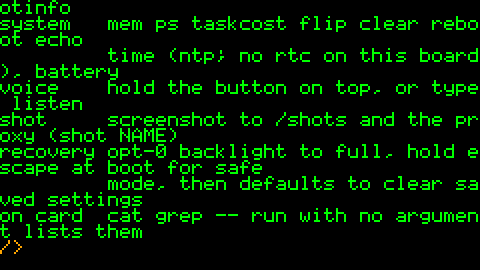 The console: green text on black listing the help for the shell's commands