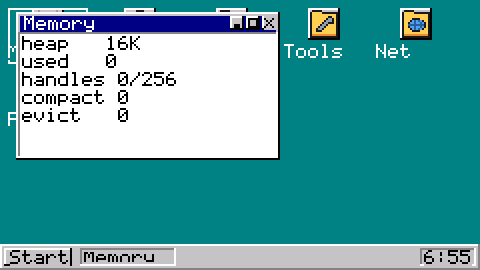 The CardOS desktop: a Memory window over a teal desktop with icons for Settings, Games, Tools and Net