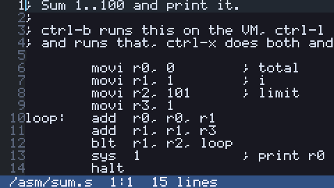 The IDE showing an assembly program that sums 1 to 100, with line numbers