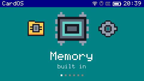 The CardOS launcher: a row of large pixel icons on teal, Memory in the middle, with a status bar showing WiFi, battery and the time