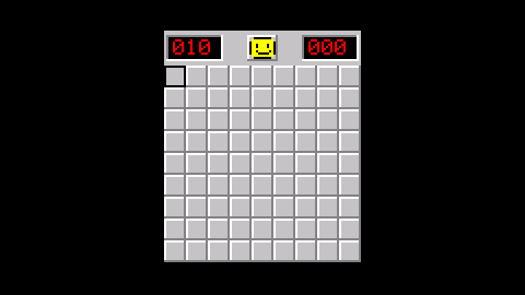 Minesweeper: a grid of grey tiles with a smiley face and two red counters above it