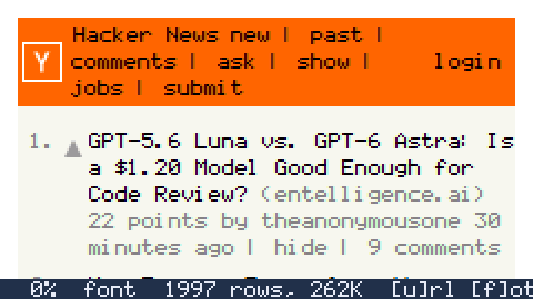 Hacker News rendered in a 6×8 pixel font: the orange header bar and the first story