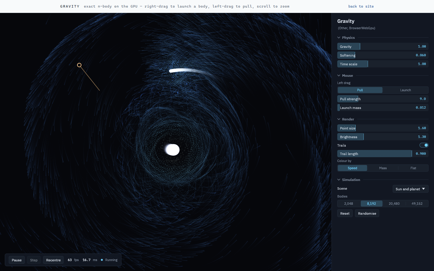 A ring and a line drawn over the simulation, showing where a new body will start and the velocity it will have