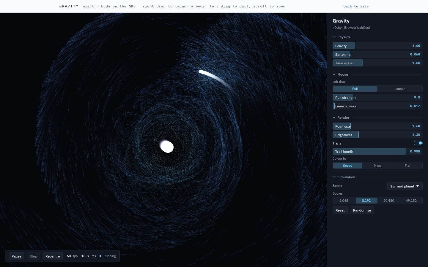 The gravity sketch in the browser: a sun with thousands of bodies streaming around it, and a panel of sliders down the right