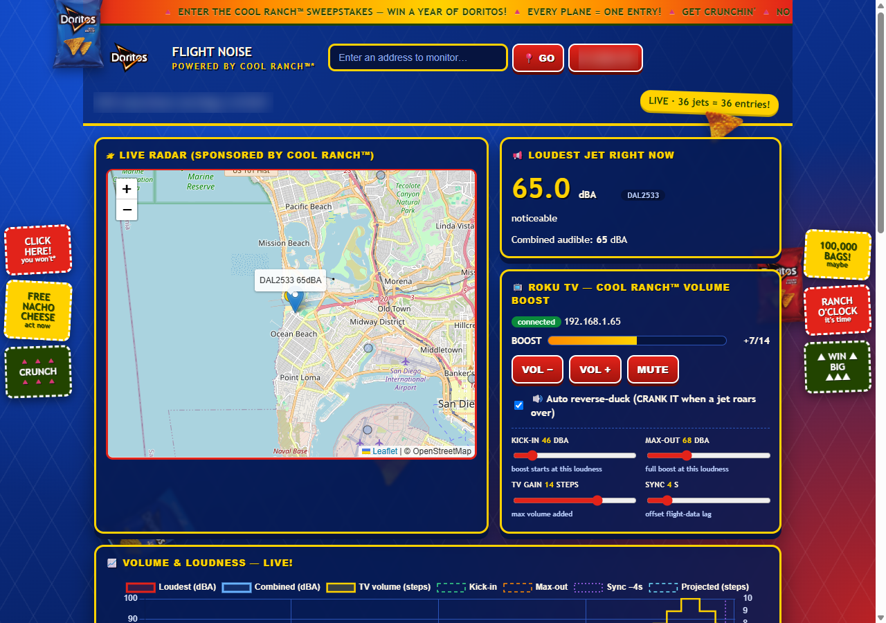 The Cool Ranch Flight Tracker dashboard: a map of Point Loma with a jet passing over, a "loudest jet right now" readout of 65 dBA, and the Roku volume controls