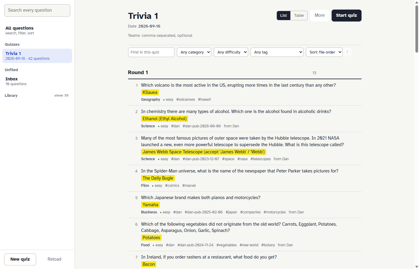 The Quizzer app: a sidebar of quizzes and an inbox, and the quiz as a document with numbered questions, highlighted answers, and category and difficulty tags