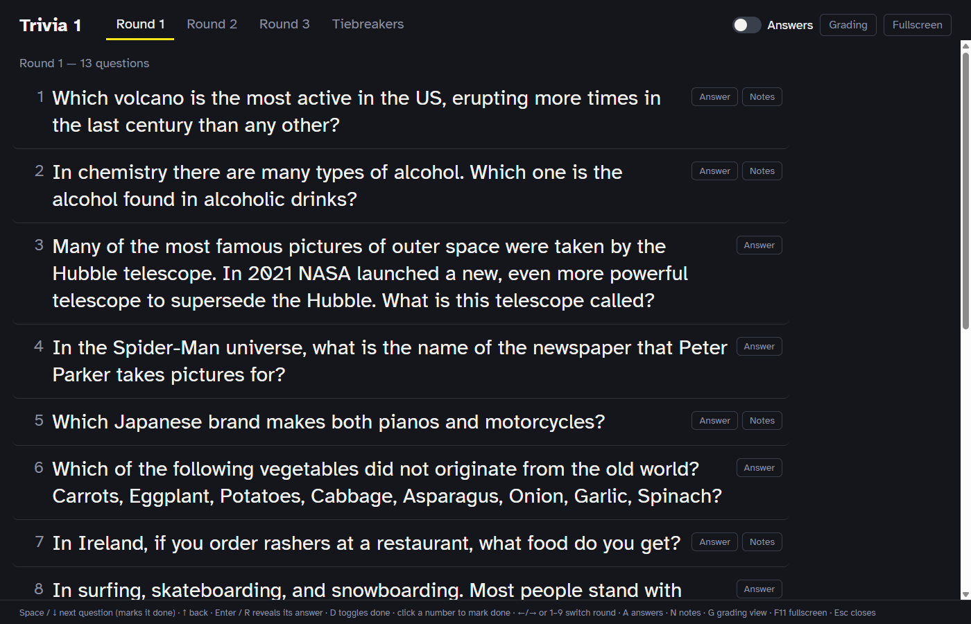 The presenter view: a dark full-screen page with one round per tab, big numbered questions, and an Answer button next to each