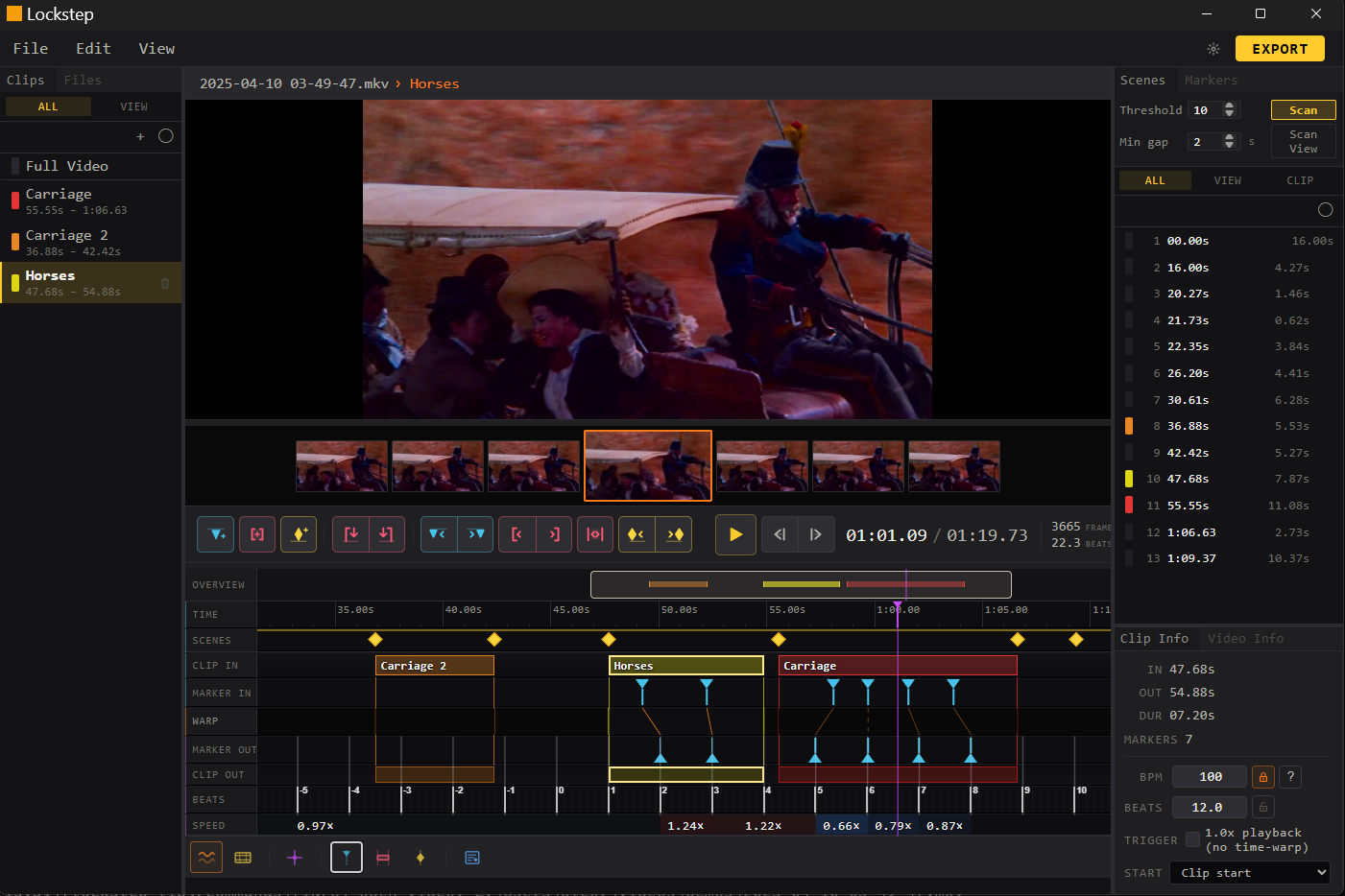 The Lockstep window: clip list, video preview, and a multi-track timeline