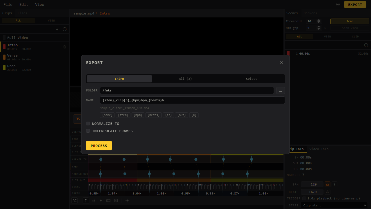 The export dialog, with a filename template naming the BPM and beat count
