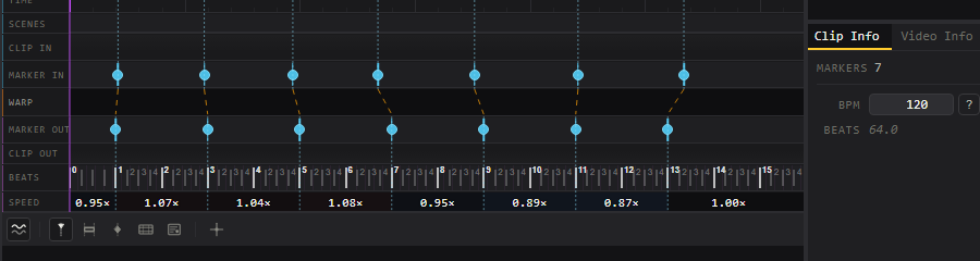 Marker pairs joined by warp lines, with per-segment speed multipliers beneath